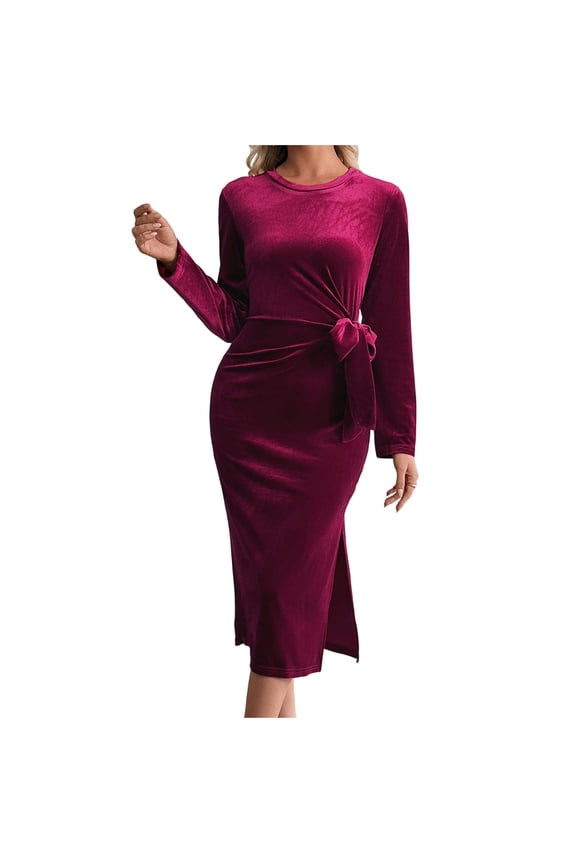 Velvet Midi Dress for Women Trendy Casual Long Sleeve Fall Winter Bodycon Side Tie Elegant Dress