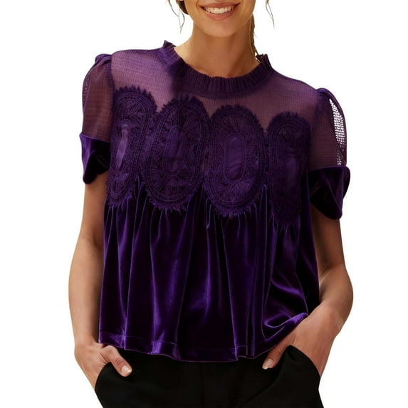 FNFYFH Velvet Shirts for Women Vintage Embroidery Velour Cropped Peplum Top Lace Short Sleeve Holiday Party T-Shirt Winter Clothes