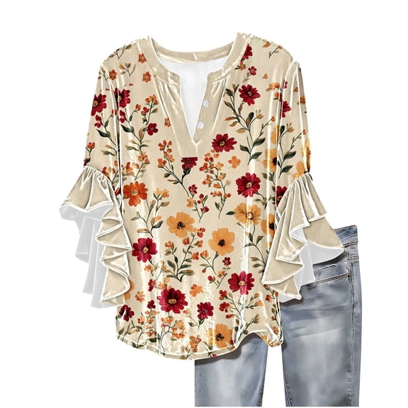 FNFYFH Velvet Tops for Women Elegant 3/4 Ruffle Sleeve Blouses Dressy Casual Holiday Party Outfits