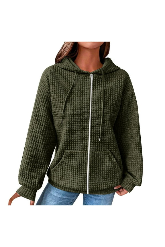 Waffle Hoodies for Women Fleece Hoodie Zipper Long Sleeve Sweatshirts with Pockets 2025 Drawstring Athletic Tops Womens Winter Solid Hooded Gray XXL