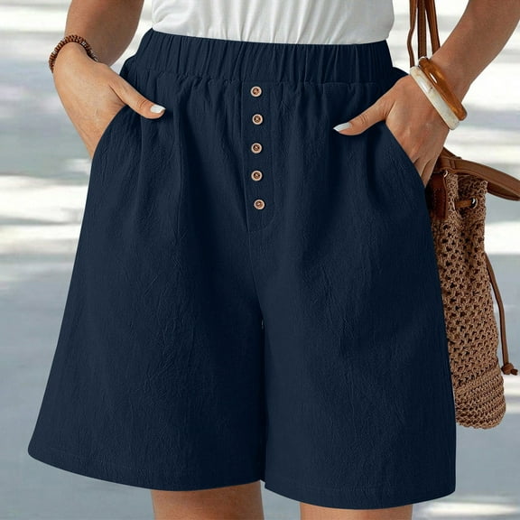 FNFYFH Elastic Waist Shorts for Women Summer Button Down Shorts with Pockets Causal Comfy Solid Color Short Pants Womens Outdoor Bottoms,Navy S-3XL