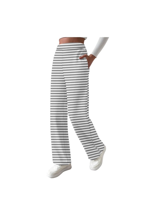 Wide Leg Pants for Women Elastic Waist Fleece Lined Striped Sweatpants Thermal Lounge Yoga Workout Pants with Pockets