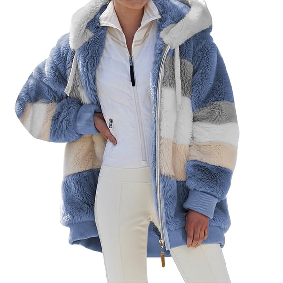FNFYFH Winter Color Block Coat for Women Zipper Fleece Hoodies Jackets with Drawstring Warm Fluffy Outerwear with Pockets Womens Plus Size Overcoats S-5XL