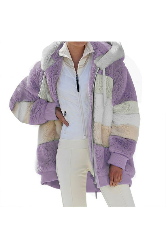 Winter Color Block Coat for Women Zipper Fleece Hoodies Jackets with Drawstring Warm Fluffy Outerwear with Pockets Womens Plus Size Overcoats S-5XL
