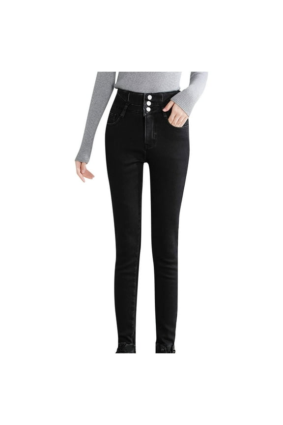 Winter Jeans for Women High Waisted Denim Pants with Pockets Womens Slim Fit Pants with Button Fleece Warm Pant Black