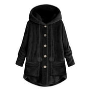 FNFYFH Winter Plush Coat for Women Warm Fluffy Hooded Coats Hot Sale Clearance Womens Button Long Sleeve Jackets with Pockets Thermal Outerwear S-5XL Clearance Deals Today