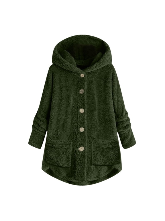 Winter Plush Coat for Women Warm Fluffy Hooded Coats Hot Sale Womens Button Long Sleeve Jackets with Pockets Thermal Outerwear S-5XL