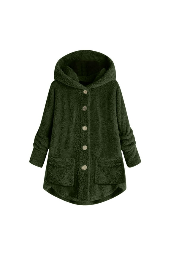 Winter Plush Coat for Women Warm Fluffy Hooded Coats Hot Sale Womens Button Long Sleeve Jackets with Pockets Thermal Outerwear S-5XL