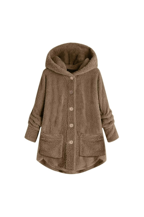Winter Plush Coat for Women Warm Fluffy Hooded Coats Hot Sale Womens Button Long Sleeve Jackets with Pockets Thermal Outerwear S-5XL