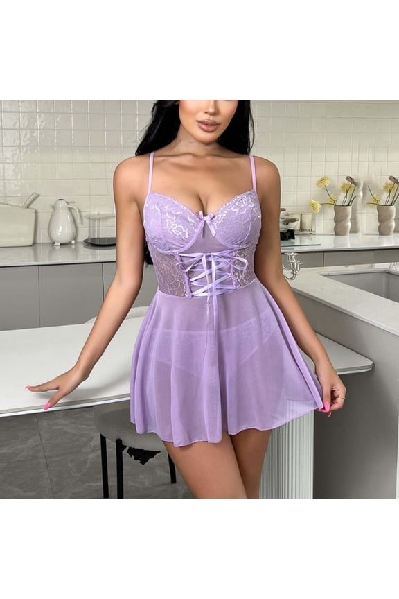 Women 2 Piece Lingerie Dress Sheer Mesh Babydoll Strap Chemise Halter V Neck Sleepwear