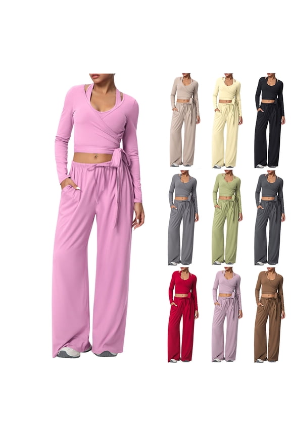 Women 3 Piece Seamless Workout Set Sports Bra Wide Leg Yoga Pants Long Sleeve Tie Pilates Wrap Top Activewear Ballet Gym Yoga Outfits
