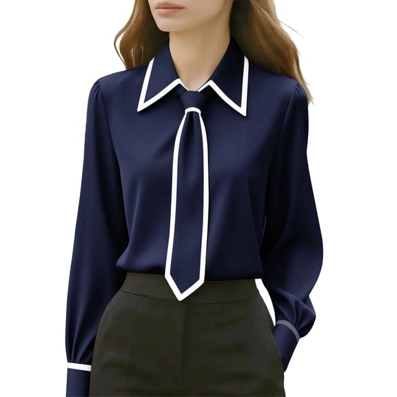 FNFYFH Women Bow Tie Neck Blouse Long Sleeve Shirt Elegant Business Casual Dressy Top for Office Work