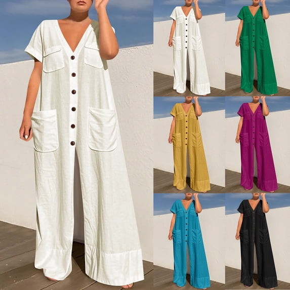 FNFYFH Women Button Down Jumpsuits Cap Sleeve Casual Wide Legs Rompers Loose Fit Overall with Pockets