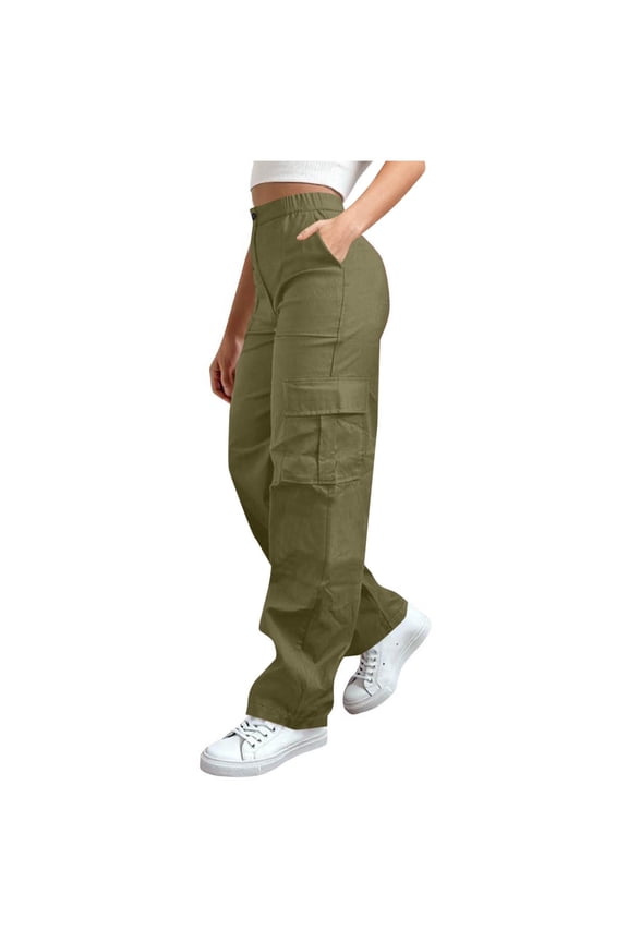 Women Chino Cargo Pants High Waisted Stretchy Tactical Pants Elastic Waist Pull On Wide leg Trousers with Pockts