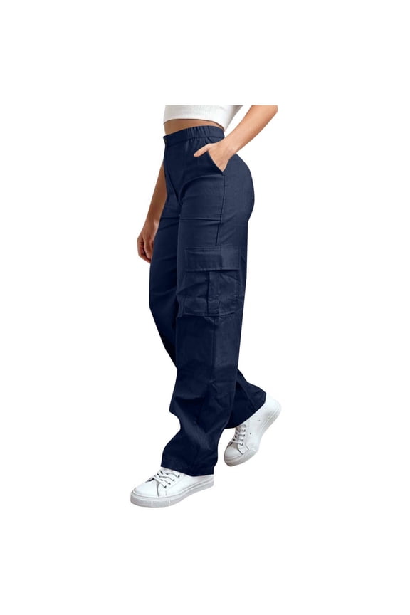 Women Chino Cargo Pants High Waisted Stretchy Tactical Pants Elastic Waist Pull On Wide leg Trousers with Pockts