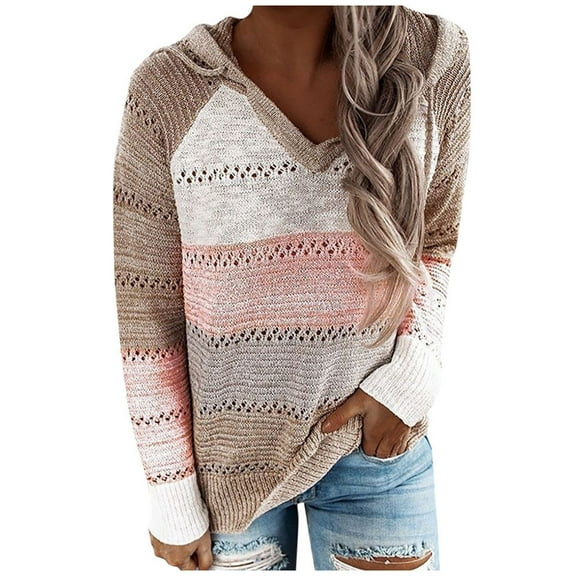 FNFYFH Women Color Block Hooded Crochet Striped Sweaters Lightweight Drawstring Hoodies Pullover Trendy Sweatshirts