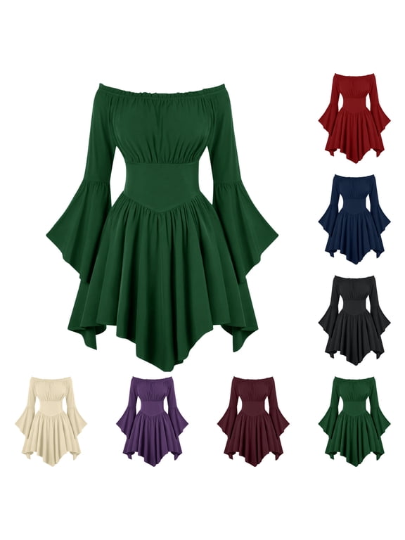 Women Corset Dress Off Shoulder Bell Sleeve Mini Gothic Dress Handkerchief Hem Renaissance Fairy Dress