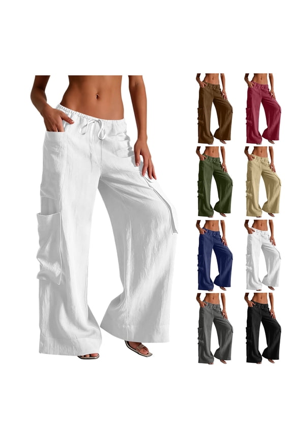 Women Cotton Linen Pants Low Rise Drawstring Cargo Pants Y2k Wide Leg Yoga Pants with Pockets