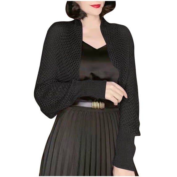 FNFYFH Women Crochet Shrugs Long Sleeve Cropped Cardigan Sweaters Drop Shoulder Knit Bolero Shrug