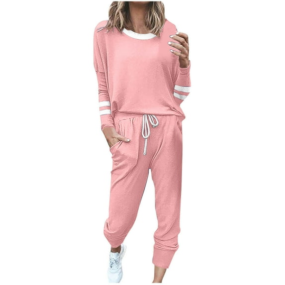 FNFYFH Women Fall 2 Piece Lounge Outfit Long Sleeve Tops High Waisted Jogger Pants Set Spring Travel Clothes Tracksuit