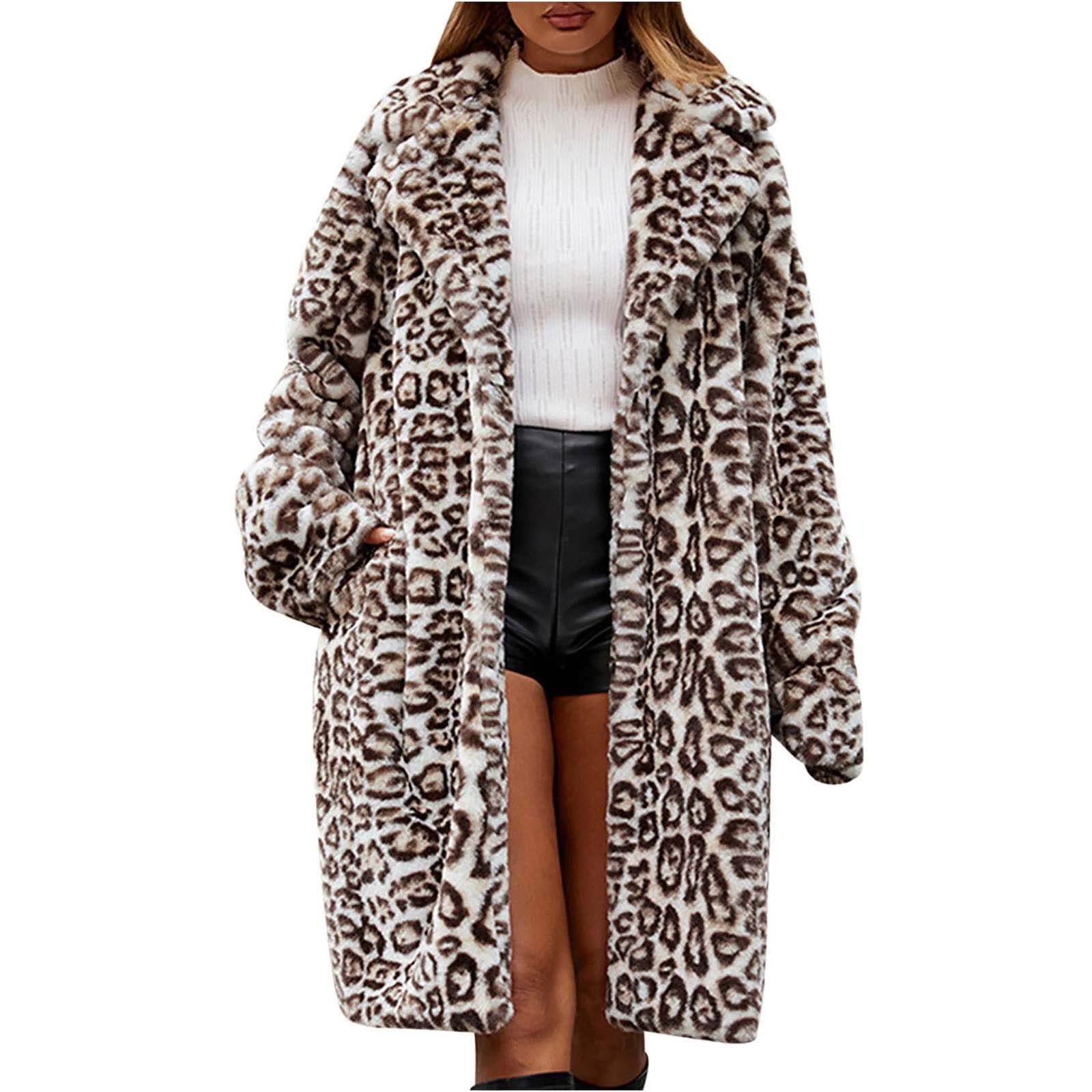 FNFYFH Women Faux Fur Coats Long Leopard Print Shaggy Coat Lapel