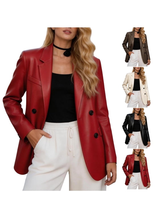 Women Faux Leather Blazer Double Breasted Open Front Oversized Blazers Soft PLeather PU Leather Jacket for Work and Daily Wear