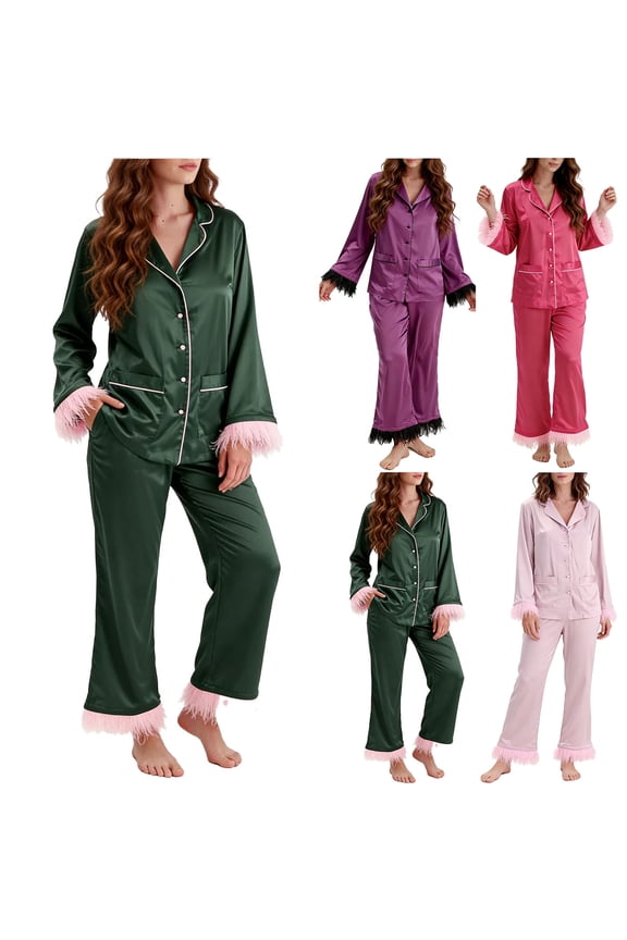 Women Feather Pajamas Silk Satin Lounge Sets Long Sleeve Button Down Shirts and Pants 2 Piece Pj Set