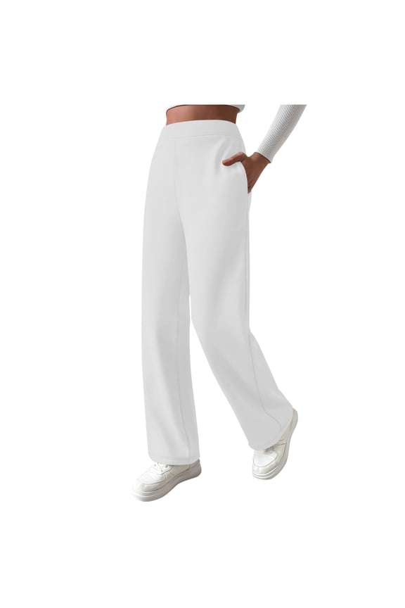 Women Fleece Lined Pants with Pockets Wide Leg Winter Thermal Work Trousers Dressy Casual Petite/Regular/Tall