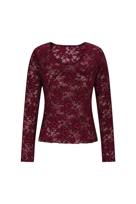 Women Lace Long Sleeve Mesh Top Slim Fit Scoop Neck Crop Base Layer Top See Through Sheer Blouses