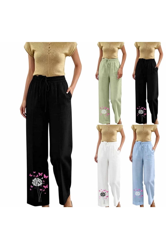 Women Linen Summer Pants Dandelion Pattern Wide Leg Pants Drawstring High Waist Beach Trousers with Pockets