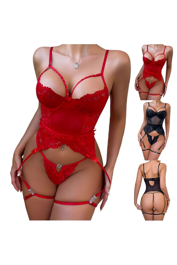 FNFYFH Women Lingerie Set with Garter Belt Trendy Mesh Floral Lace Corset Cutout Bodysuit with Panty Leg Rings