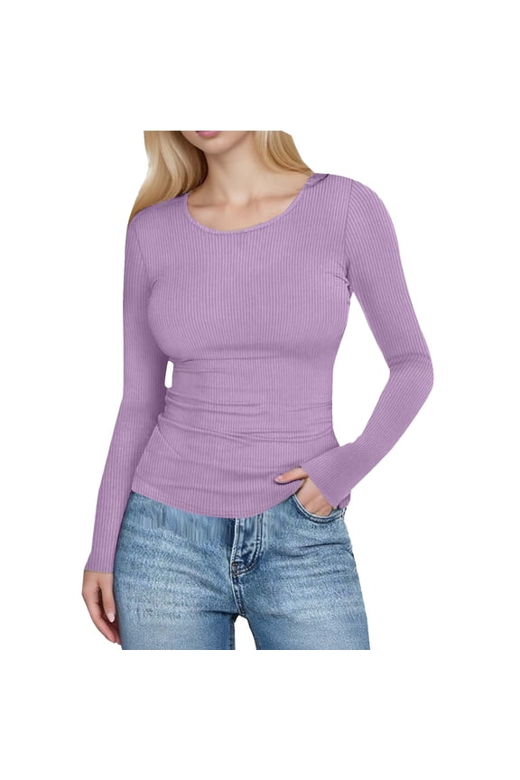 Women Long Sleeve Shirts Rib Knit Slim Fit Tops Crew Neck Basic Tee 2025 Fall Outfits Casual T-Shirt Underscrubs Layer Clothes