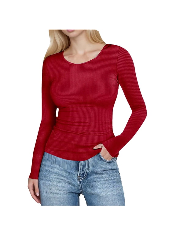 Women Long Sleeve Shirts Rib Knit Slim Fit Tops Crew Neck Basic Tee 2025 Fall Outfits Casual T-Shirt Underscrubs Layer Clothes