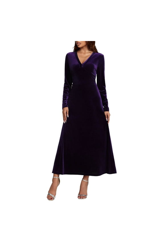 Women Long Sleeve V-Neck Velvet Long Dress Formal Evening Party Gown Wedding Guest Maxi Dresses