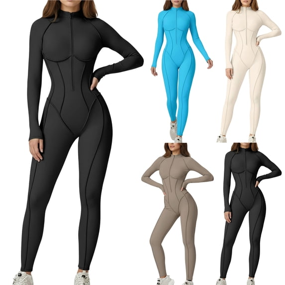 FNFYFH Women Long Sleeve Workout Jumpsuit Zip Up Romper Bottom Pants Bodysuit Bodycon One Piece Jumpsuits