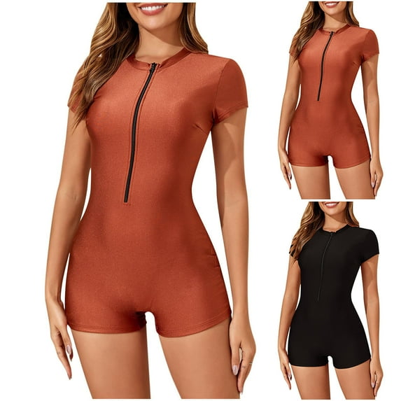 FNFYFH Women One Piece Rash Guard Zipper Short Sleeve Sun Protection Surf Rashguard Boyleg Swimsuit Bathing Suits Swimwear