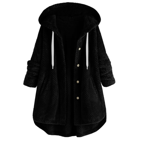 FNFYFH Women Plus Size Fleece Jacket Winter Long Sleeve Button Down Hoodies Soft Warm Drawstring Jacket Casual Outerwear with Pockets