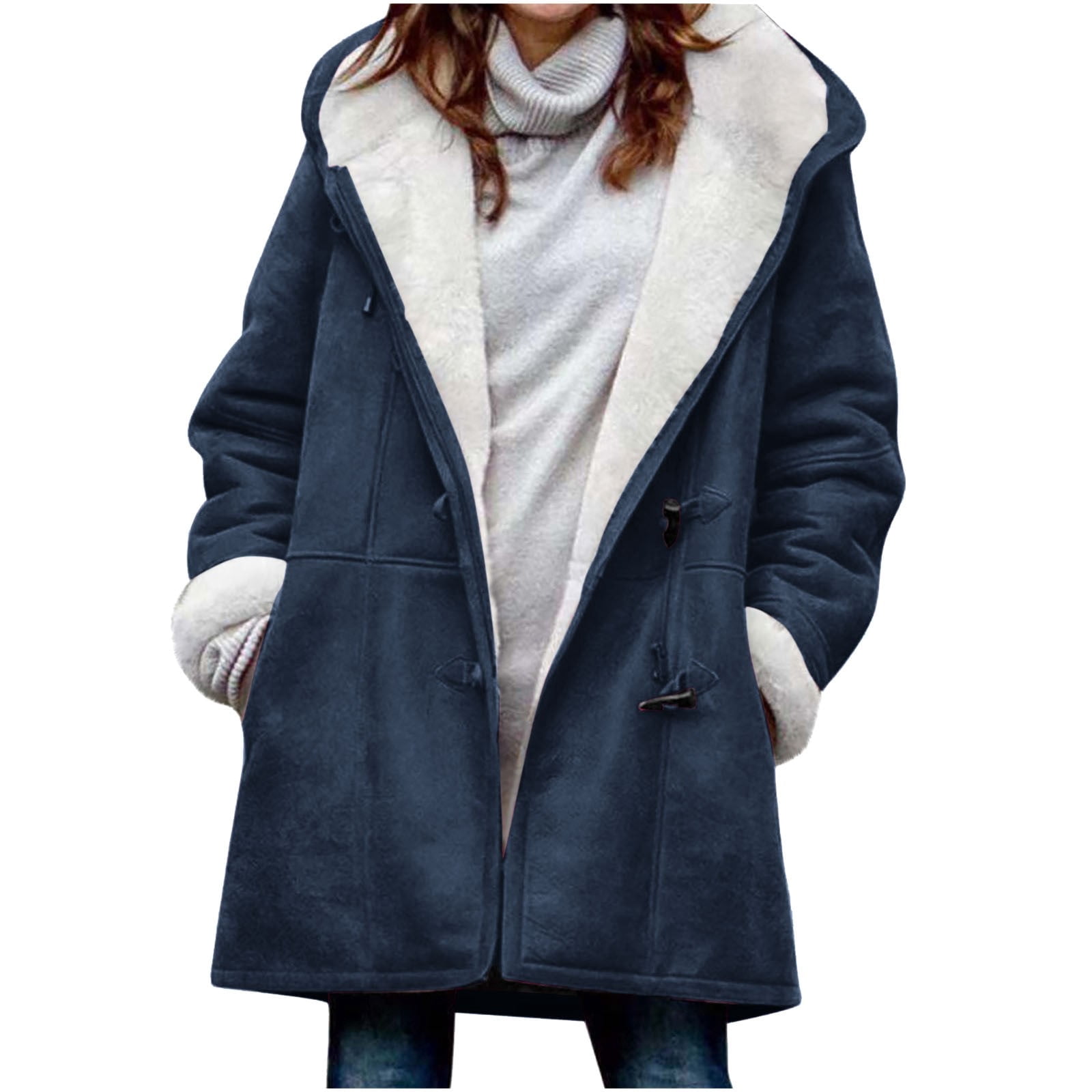 FNFYFH Women Plus Size Hooded Fleece Lined Coat Long Sleevee Solid Horn ...