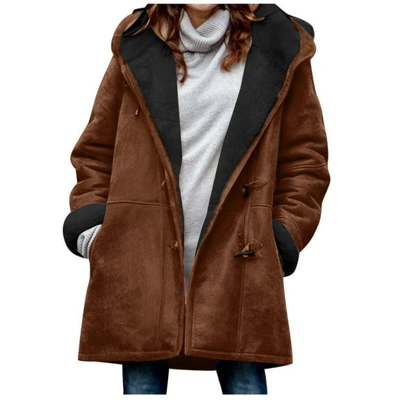 FNFYFH Women Plus Size Horn Button Coat Long Sleeve Fleece Hooded Jacket Winter Warm FLeece Lined Jackets Classic Fit Parka Coat with Pockets