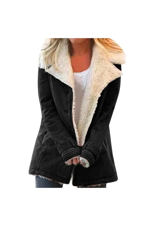 Women Plus Size Sherpa Fleece Lined Jackets Winter Warm Lapels Jacket Fashion Composite Button Outwear Coat
