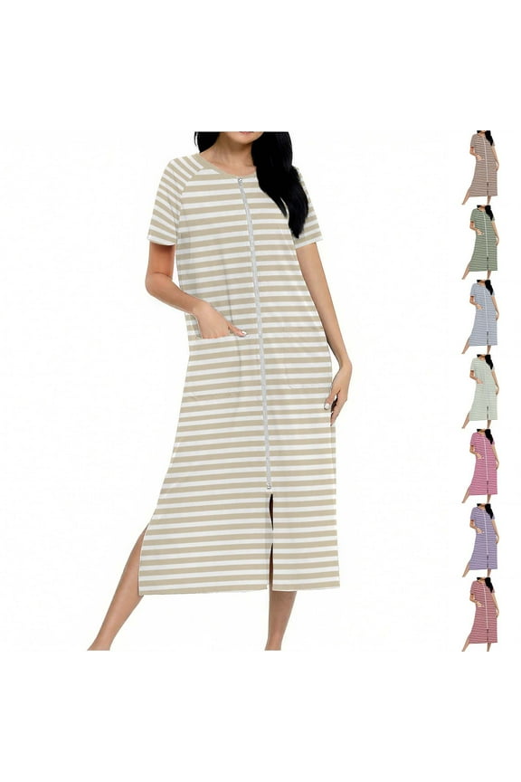 Women Robes Zipper Front Robe Bathrobe Short Sleeve Full Length Housecoats with Pockets