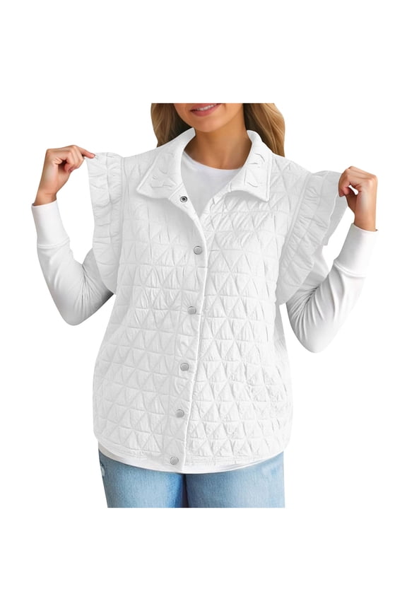 Women Ruffles Puffer Vest Sleeveless Button Down Padded Jacket Gilet Trendy Fall Winter Outerwear