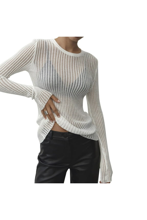 Women See Through Crew Neck Sheer Mesh Knitted Sweater Solid Basic Long Sleeve Loose Fit Knit Pullover Jumper Top