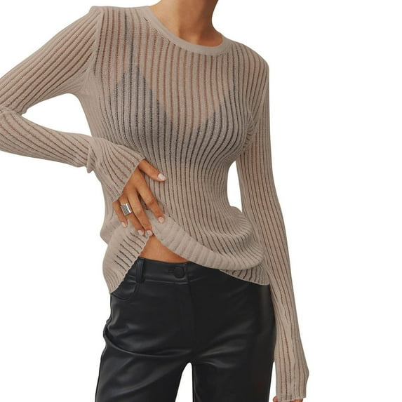 FNFYFH Women See Through Crew Neck Sheer Mesh Knitted Sweater Solid Basic Long Sleeve Loose Fit Knit Pullover Jumper Top