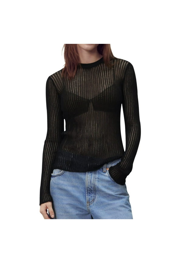 Women See Through Crew Neck Sheer Mesh Knitted Sweater Solid Basic Long Sleeve Loose Fit Knit Pullover Jumper Top
