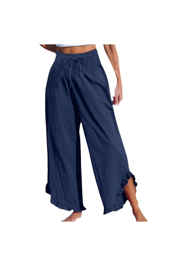 Women Wide Leg Beach Capris Lightweight High Waist Ruffle Flowy Palazzo Pant Boho Casual Trousers