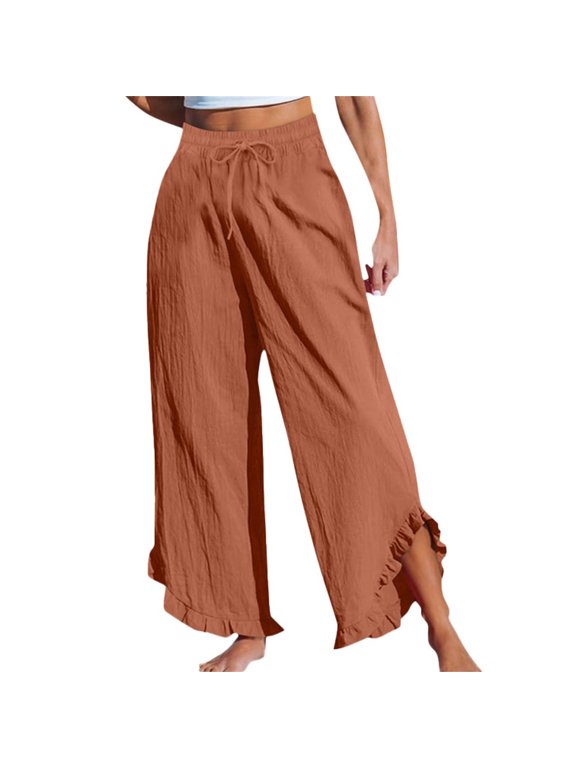 Women Wide Leg Beach Capris Lightweight High Waist Ruffle Flowy Palazzo Pant Boho Casual Trousers