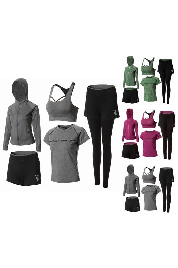 Women Workout Set 5 PCS Exercise Athletic Outfits Set Sport Suits Yoga Gym Fitness Exercise Clothes Jogging Tracksuits