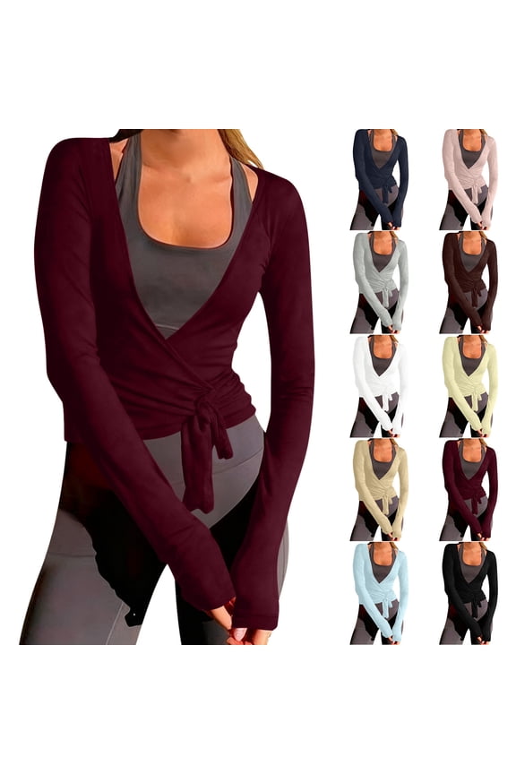 FNFYFH Women Wrap Tie Top Long SLeeve Ballet Workout Yoga Shirt Cross Tie Pilates Dance Shirts Blouses