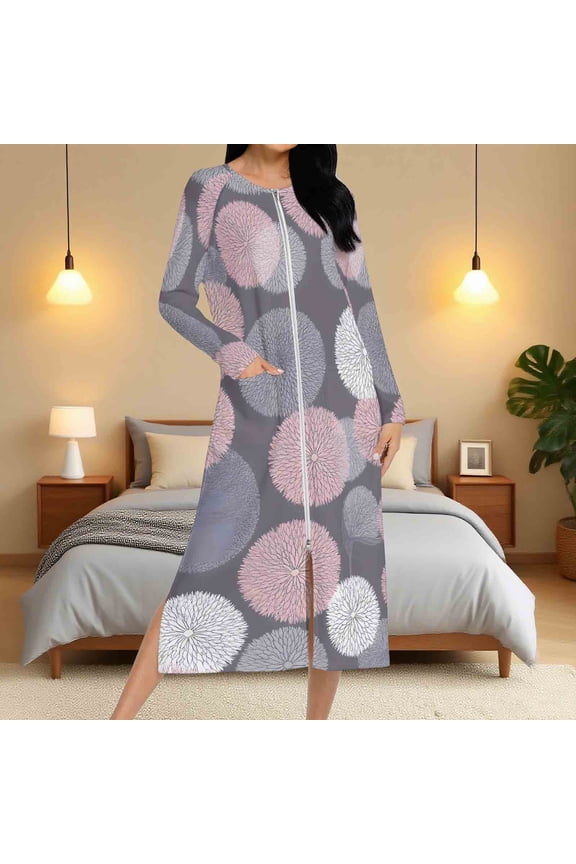 Women Zipper Robe Long Sleeves Zip Up Bathrobe Print Full Length Robes Long Housecoat Nightgown with Pockets